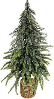 Mini albero di pino su base in legno con neve ghiacciata - piccola decorazione di Natale