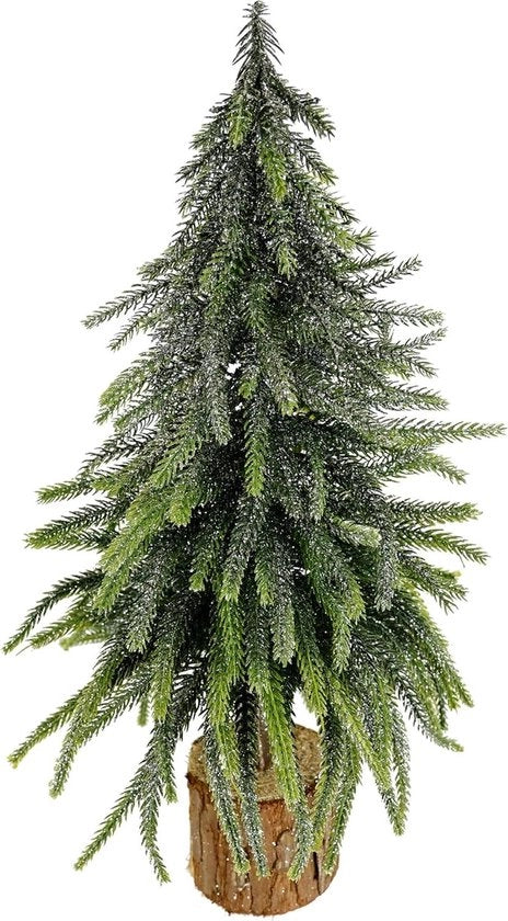 Mini albero di pino su base in legno con neve ghiacciata - piccola decorazione di Natale