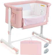 Culla Neonato Fianco Letto 3 in 1, Lettino Dondolo Neonati con Materasso, Culla da Campeggio con Ruote e Borsa, Regolabile In Altezza, Inclinazione di 10°, per Bambini 0-6 Mesi (Rosa)