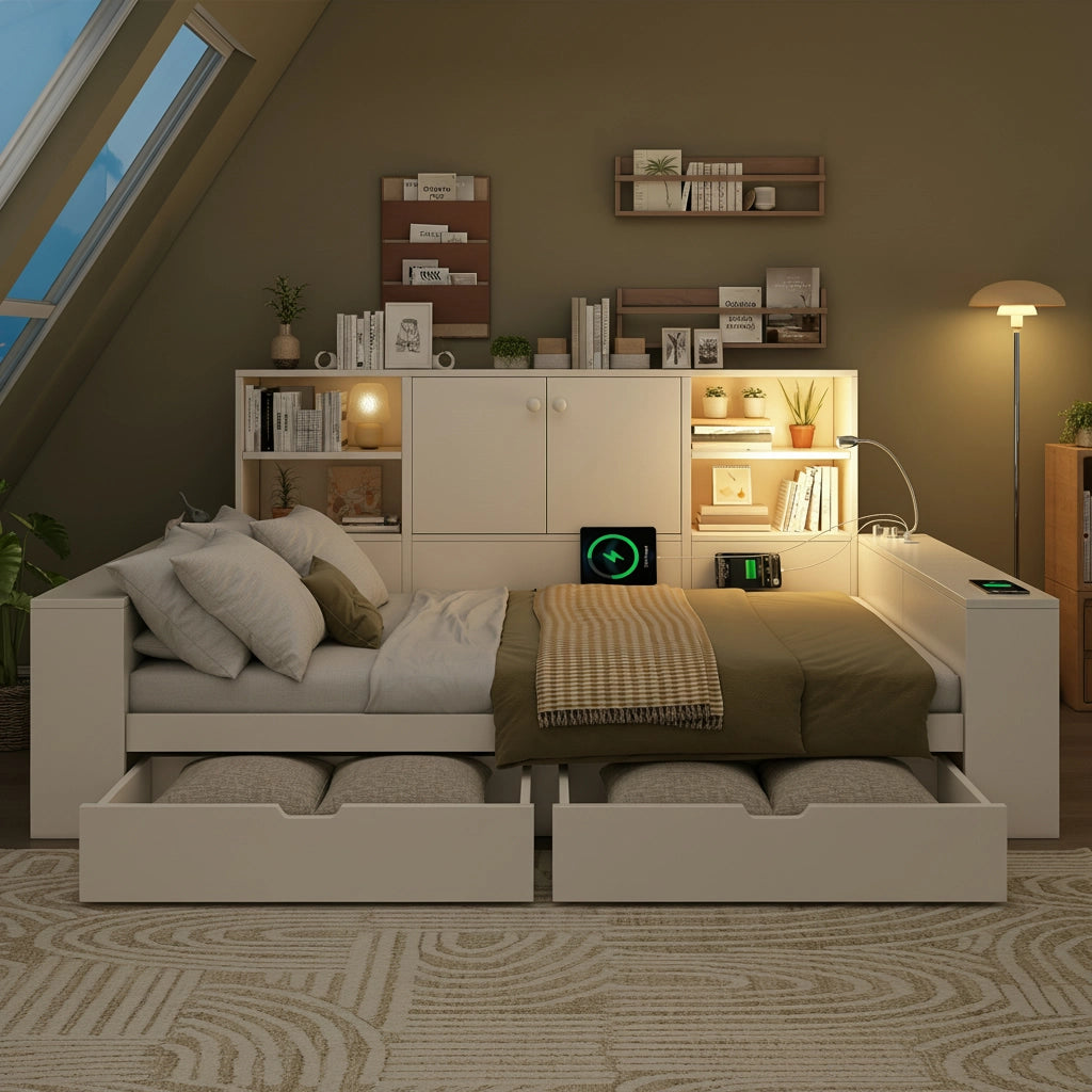 Letto contenitore 140 × 200 cm con 2 cassetti, USB e Type-C, luce da lettura, senza materasso, bianco