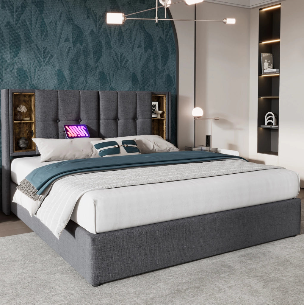 Letto matrimoniale imbottito 140x200 cm grigio in cotone con ricarica wireless; USB e contenitore