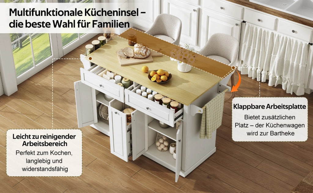 Isola da cucina con piano ribaltabile, carrello cucina in MDF, 2 cassetti grandi, ruote frenanti, 121x49(69)x89 cm