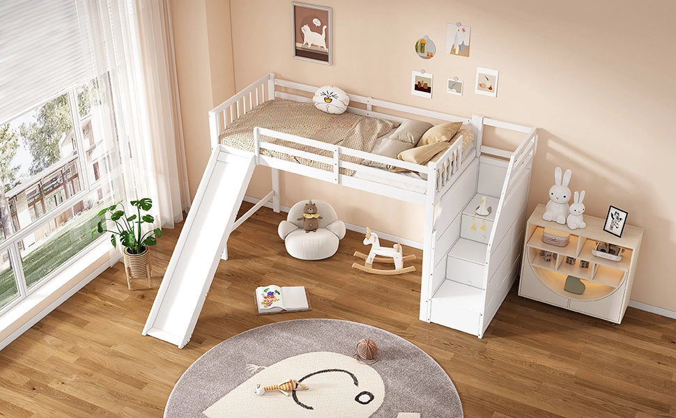 LETTO a soppalco 90x200 cm con scivolo e scala contenitore, bianco