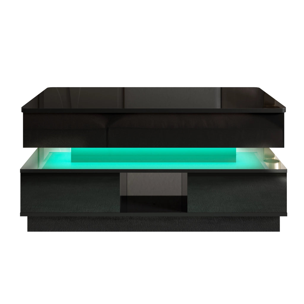 Tavolino lucido, 2 cassetti, illuminazione a LED, piano regolabile in altezza, nero