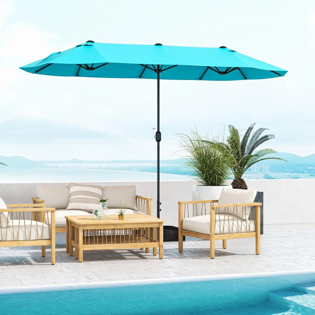 Ombrellone da Giardino Doppio 396x201cm, Ombrellone Rettangolare con Manovella e Base, Ombrellone da Balcone Grande Impermeabile, Ombrellone da Patio per Piscina, Terrazzo, Cortile