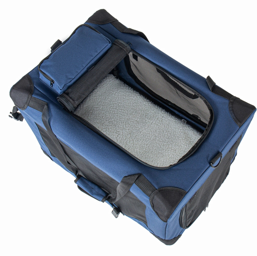 Trasportino pieghevole per cani 60 cm con ruote; 3 porte in rete; blu scuro