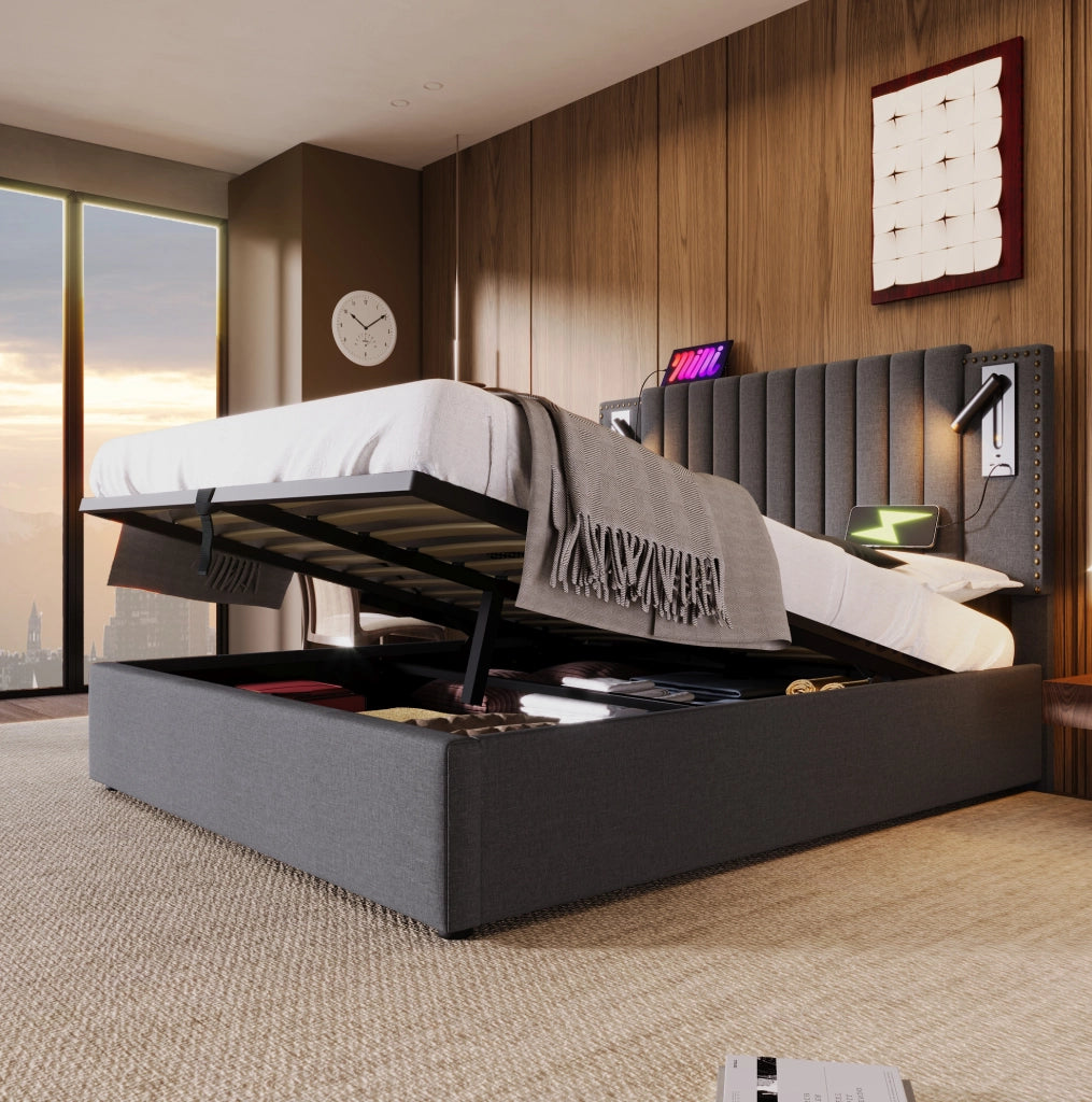Letto matrimoniale 160x200 cm con contenitore, luci LED e USB-C