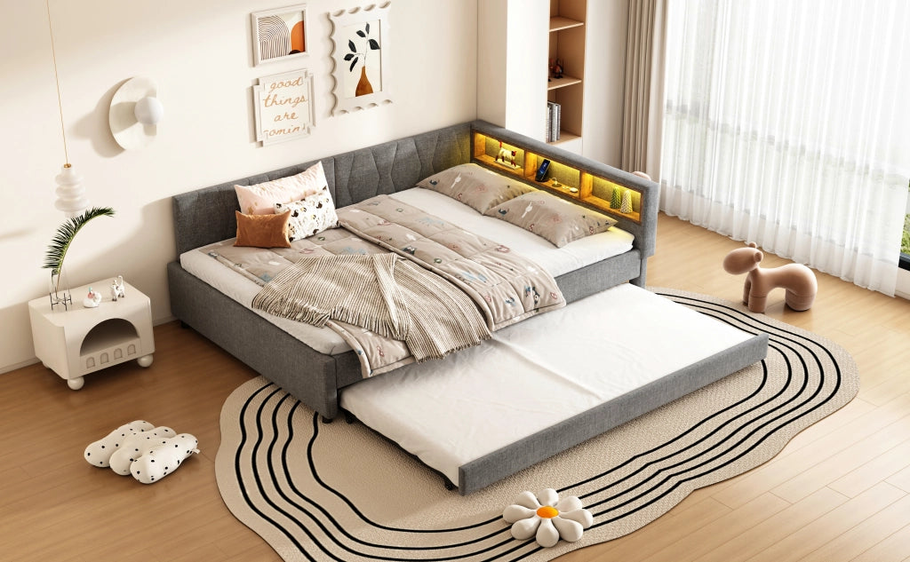 DESMIU Letto a giorno 140 × 200 cm 2 posti con USB, Type-C e LED, senza materasso, in lino, grigio