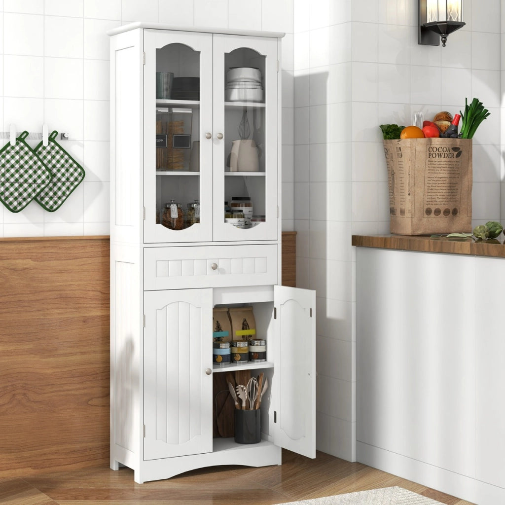 Armadio da bagno alto-Mobiletto da bagno 160cm con 2 porte in vetro 2 ripiani regolabili e 1 cassetto, Mobile autonomo per cucina Bianco