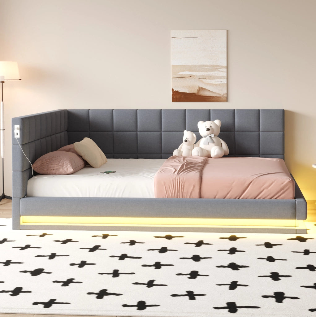 Divano letto 160x200 cm con LED e USB in lino grigio