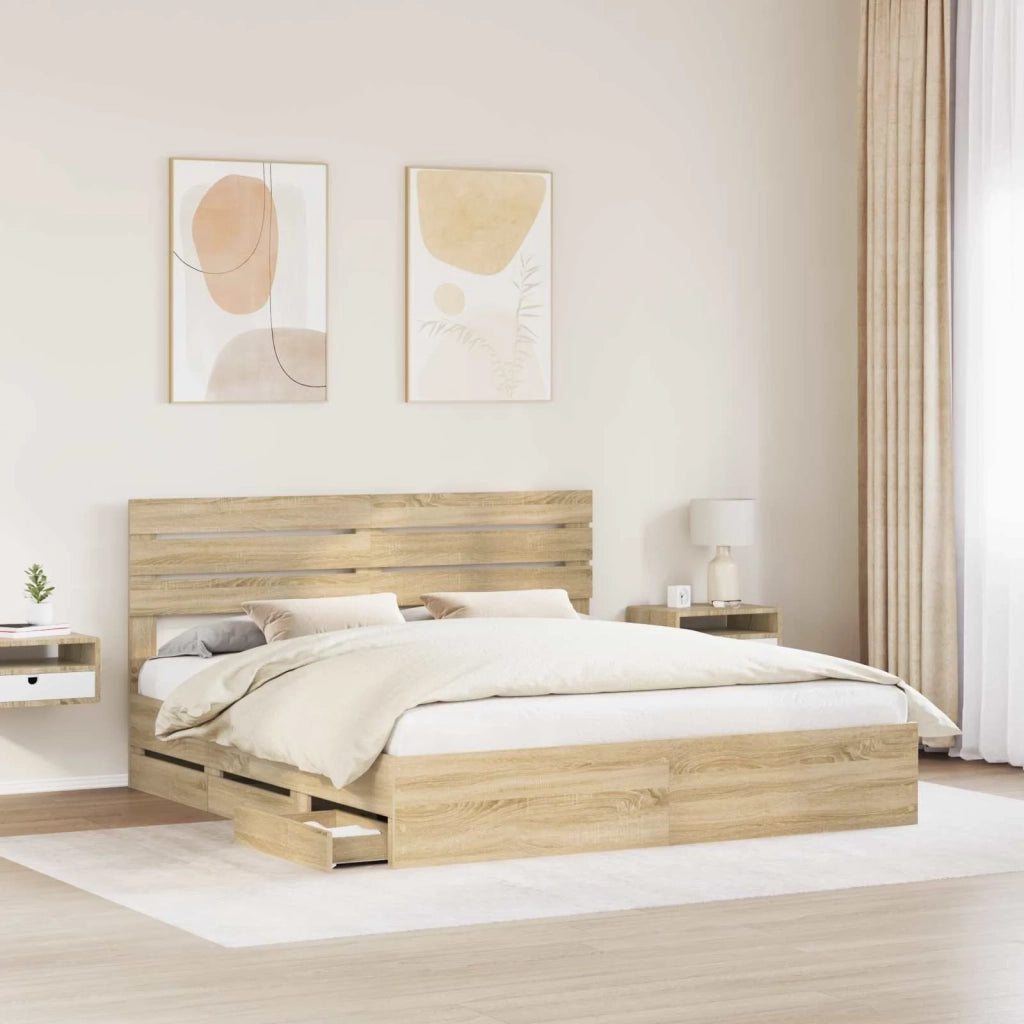 Letto matrimoniale | Letto per adulti | Struttura del letto con cassetto Rovere Sonoma 200 x 200 cm