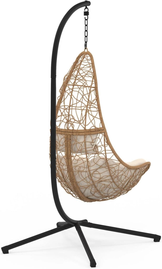 Poltrona sospesa a Mezzaluna in Rattan con Cuscino Ecrù