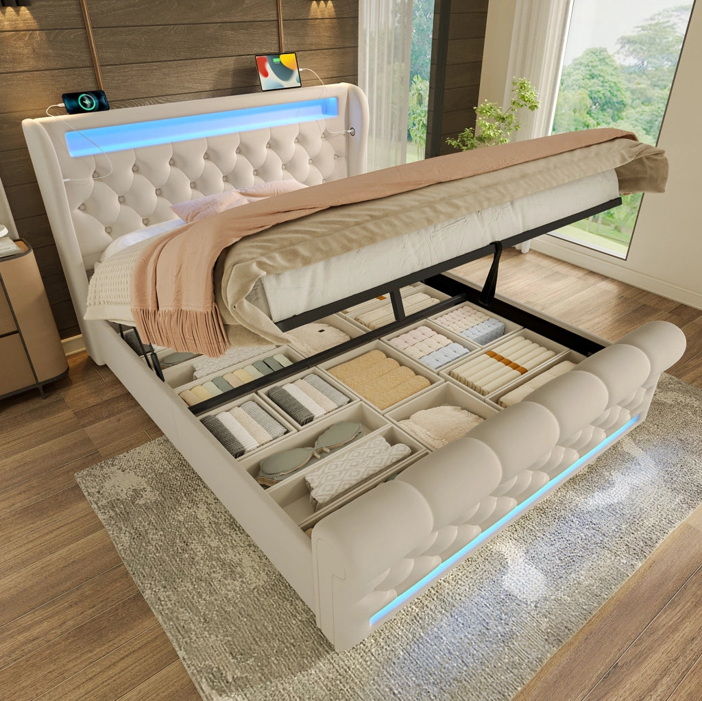 Letto imbottito con LED e ricarica integrata, 140 x 190 cm, beige