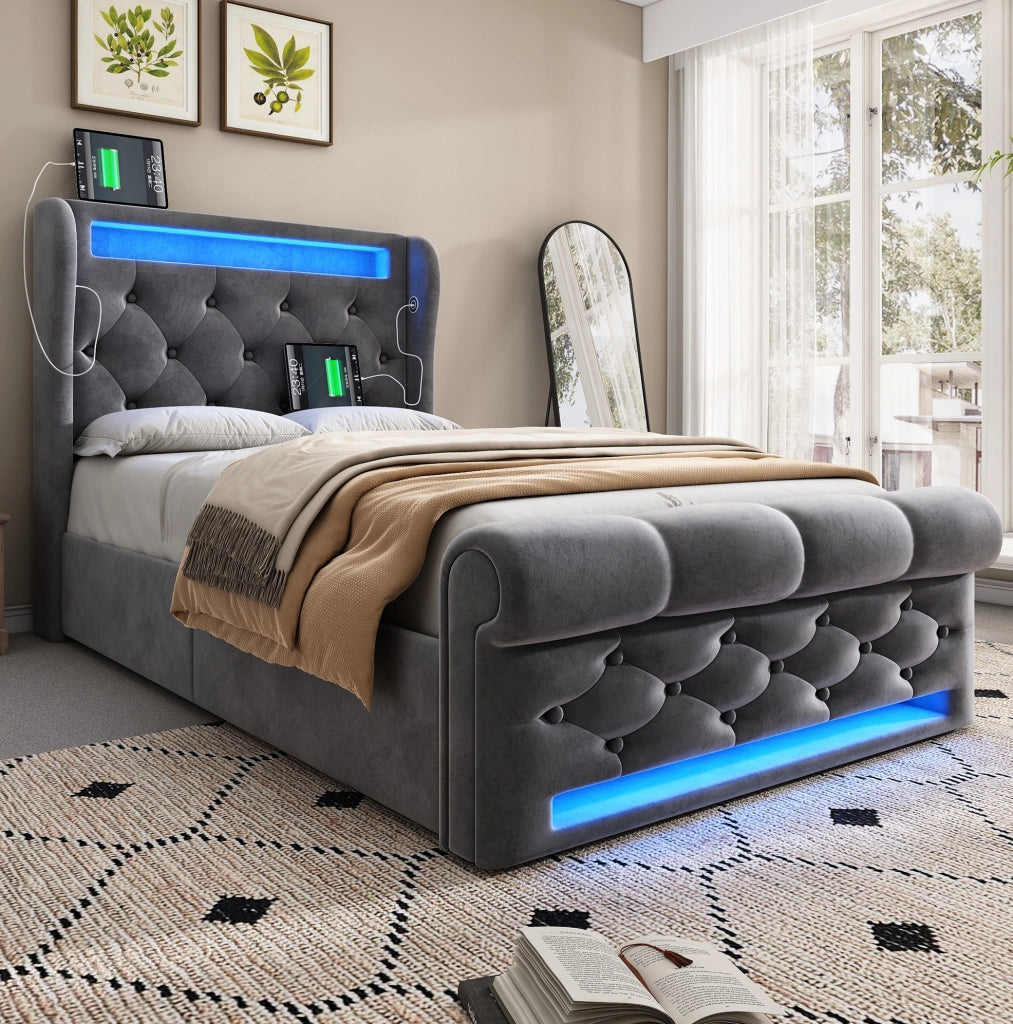 Letto imbottito con contenitore 90x200 cm in velluto grigio; LED integrato; USB e Type-C; con materasso