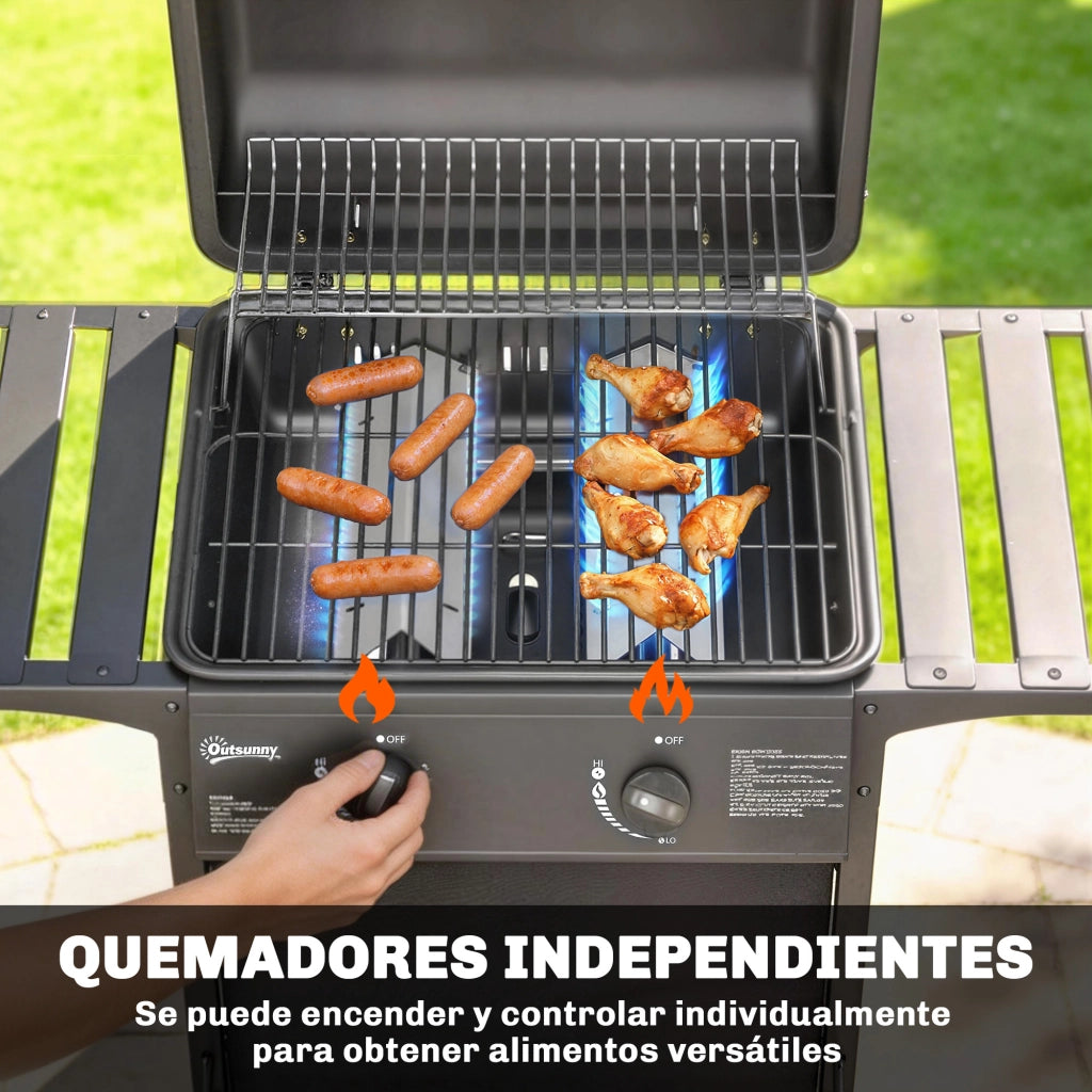 Barbecue a Gas con 2 Bruciatori 5 kW ¨C zephmum ¨C Griglia Riscaldante 2 Ruote Termometro Tavoli Laterali Nero
