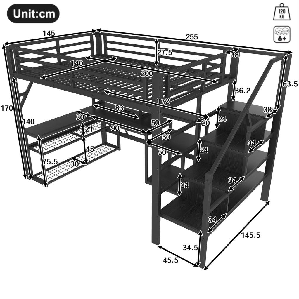 Letto a soppalco 140x200 cm con scrivania, LED e USB