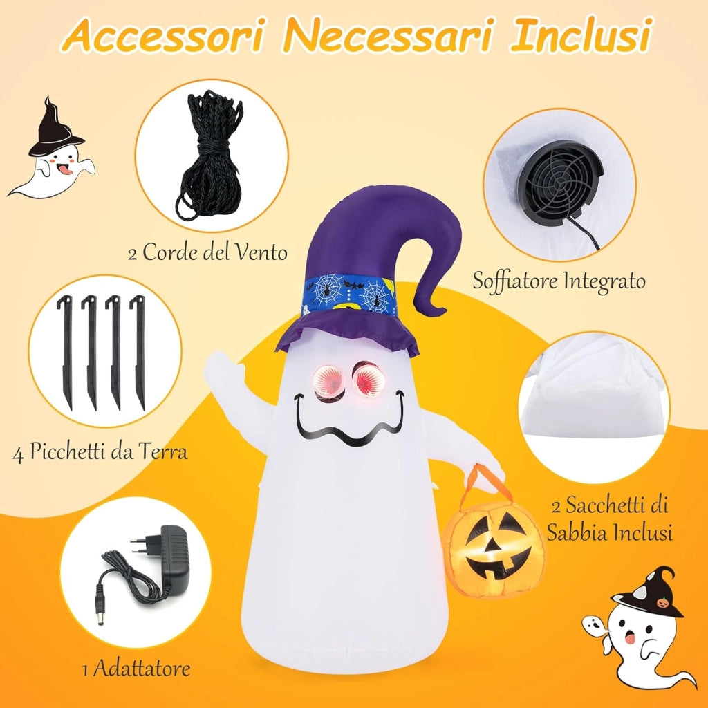 Fantasma Gonfiabile per Halloween 180 cm, con Lanterna di Zucca e Cappello da Mago, Decorazione Gonfiabile per Halloween con Luci LED e Soffiatore Incorporato, per Cortile, Prato e Feste