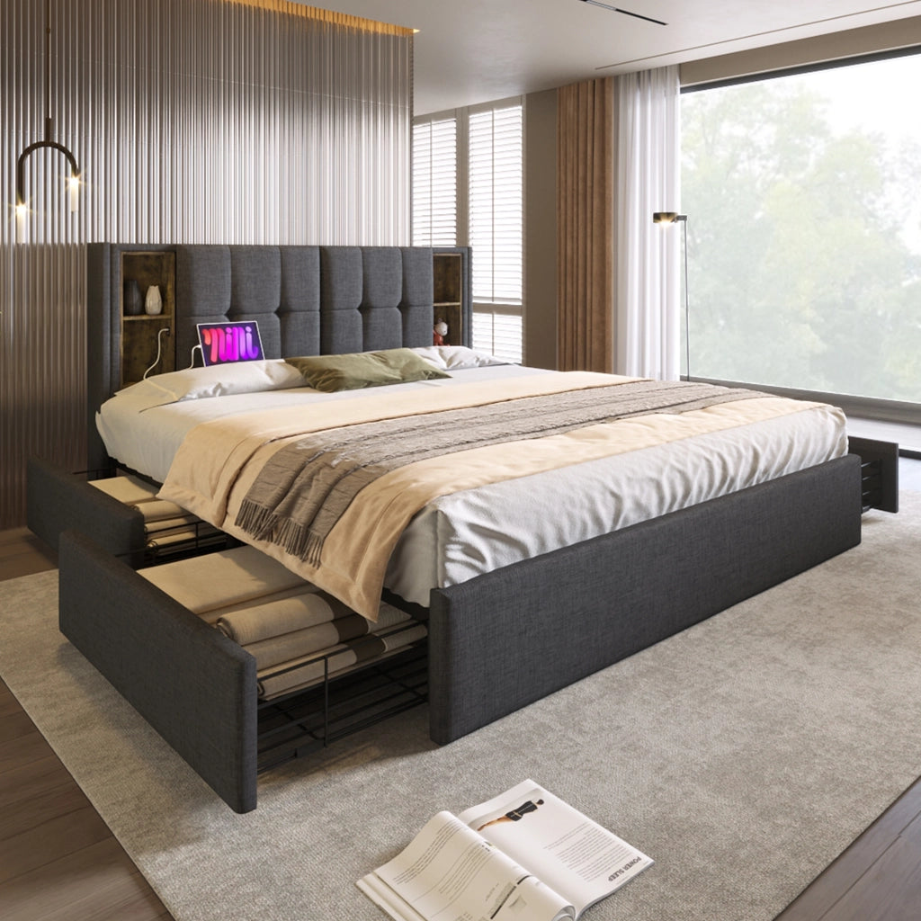 LETTO 160x200 cm in lino grigio con ricarica wireless, USB e 4 cassetti