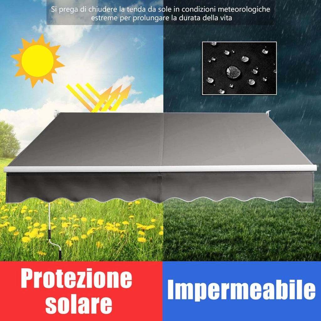 Tenda da Sole per Esterno Avvolgibile, Tenda da Sole a Bracci Estensibili con Telaio in Alluminio e Tettuccio Resistente al Sole e Impermeabile e Manovella (Grigio, 295 x 250 cm)