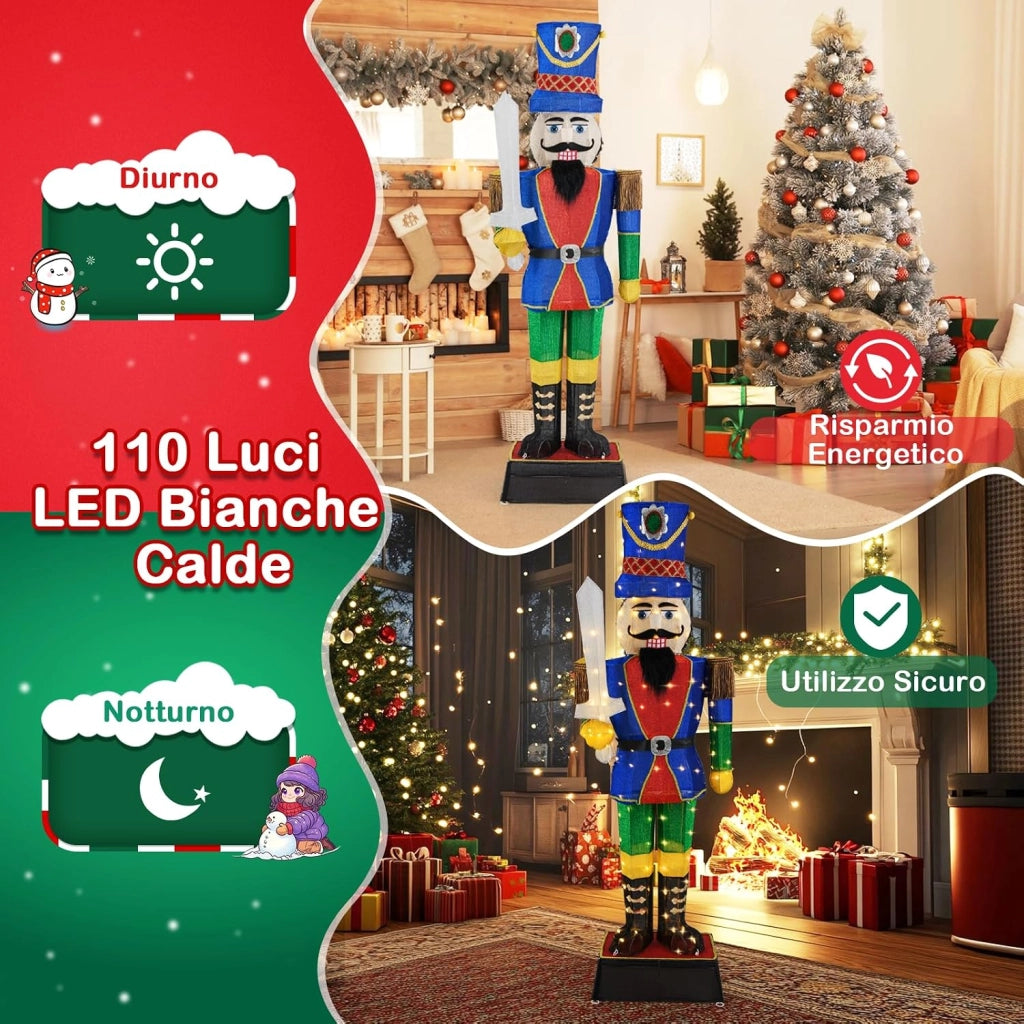 Soldato di Natale Illuminato 184 cm, Soldatino Schiaccianoci Illuminato con 110 Luci LED, Fascette e Base, Decorazioni Natalizie per Interno ed Esterno (2 Pezzi)