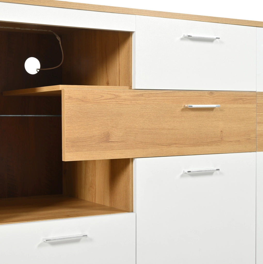 Sideboard 160x40x77 cm con illuminazione LED; 2 porte e 4 cassetti in MDF; naturale e bianco