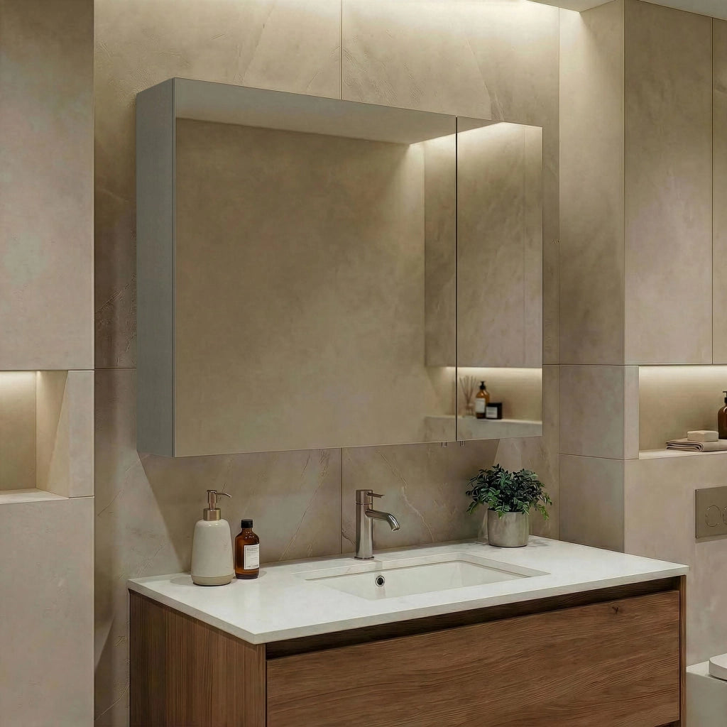 Mobile da bagno con specchio "Bari 80" - 75 x 16 x 66 cm - Cashmere opaco