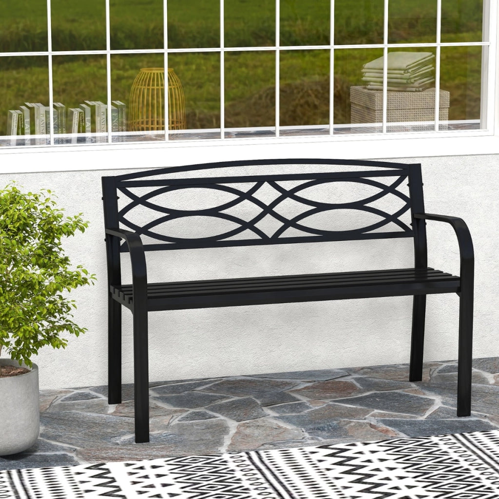 Divanetto in metallo resistente per 2 persone con braccioli e schienale curvati, Panchina da giardino 116 cm per giardini Nero