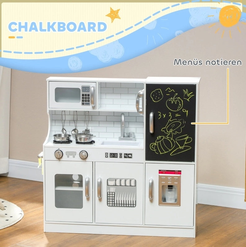 Cucina giocattolo in legno bianca con accessori e lavagna