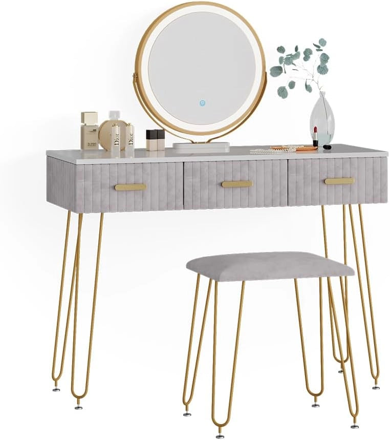 Vicco Tavolo da toeletta Layla, Grigio, 100 cm con illuminazione LED e sgabello, con illuminazione a LED e panca imbottita