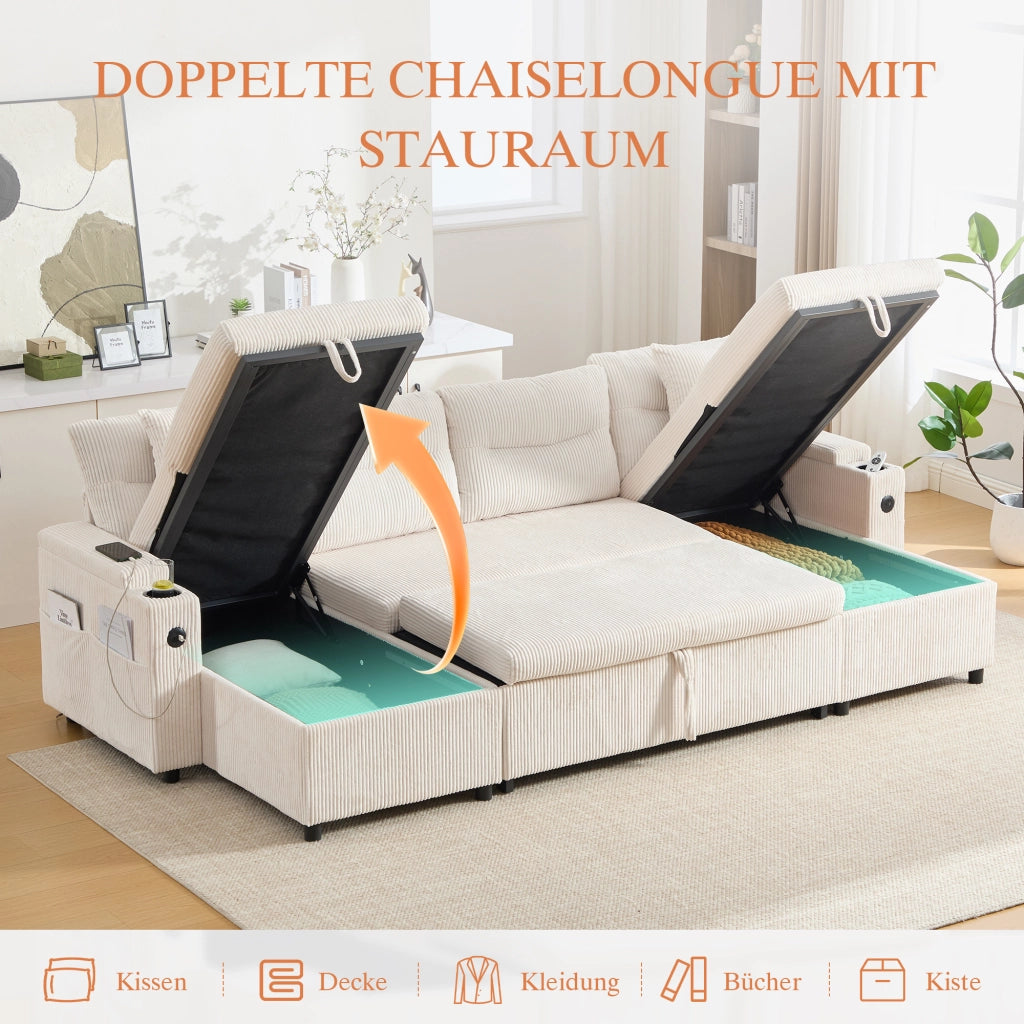 DIVANO 4 posti con doppia chaise longue 272x136x86 cm in corduroy beige