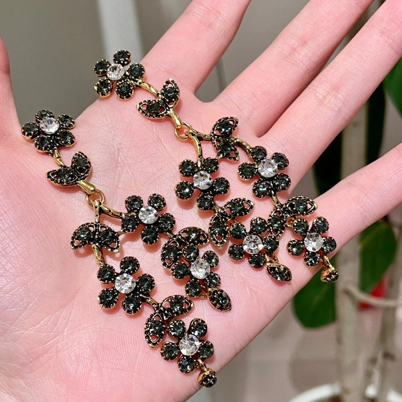 Orecchini a fiore 3D in stile retr¨°, orecchini lunghi stravaganti tempestati di diamanti