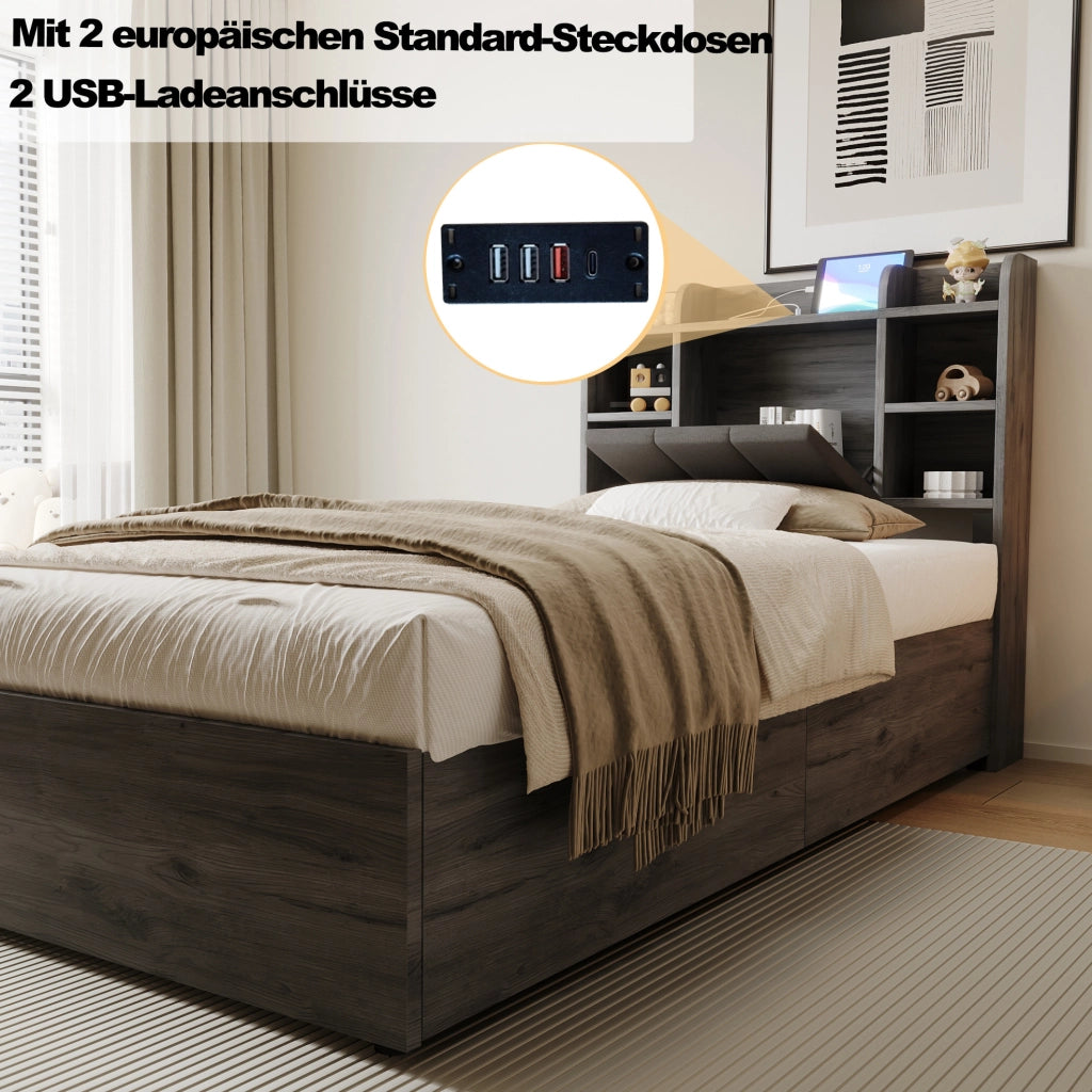 Letto singolo 90x200 cm con contenitore idraulico e prese USB