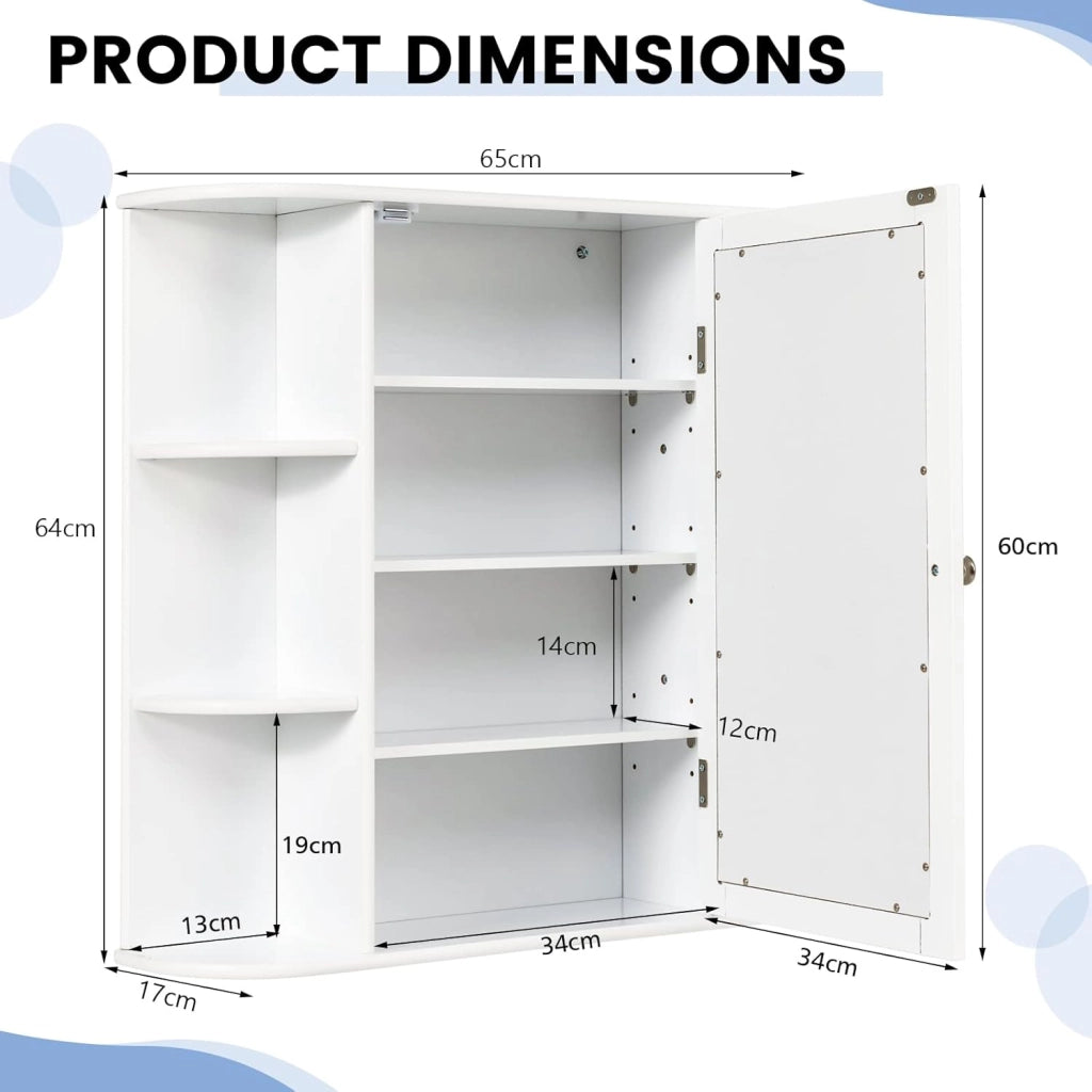 Armadietto Bagno a Parete, Mobiletto Pensile con Ante di Specchio, 6 Scomparti Laterali e 4 Ripiani di Stoccaggio, 3 Colori Disponibili, 66x16,5x63cm (Bianco)