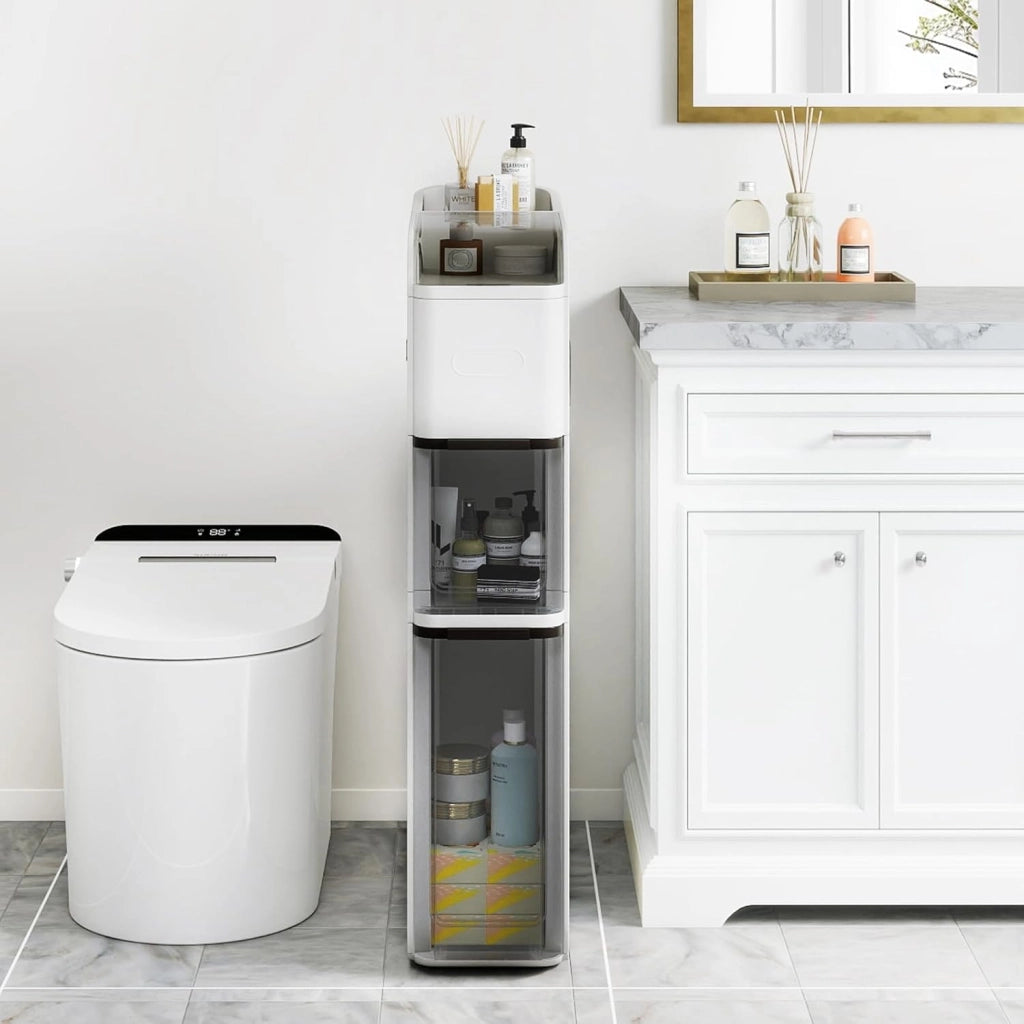 Mobile da Bagno a 4 Ripiani, Mobiletto Stretto da Pavimento con 2 Cassetti, Portafazzoletti e Ripiano Superiore, Armadietto Impermeabile in Plastica su Ruote per Camera da Letto (Bianco)