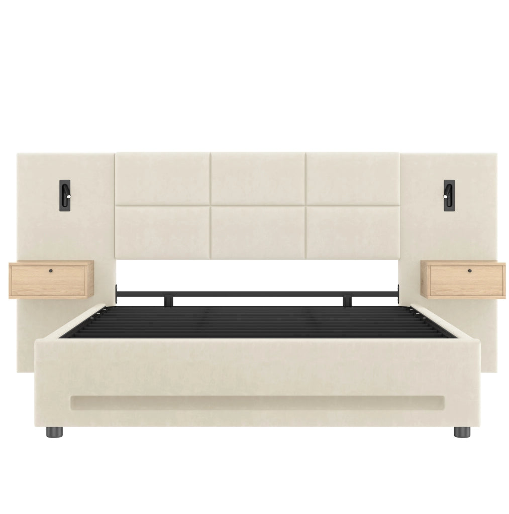 Letto imbottito 180x200 cm con contenitore; USB-C e LED in velluto beige