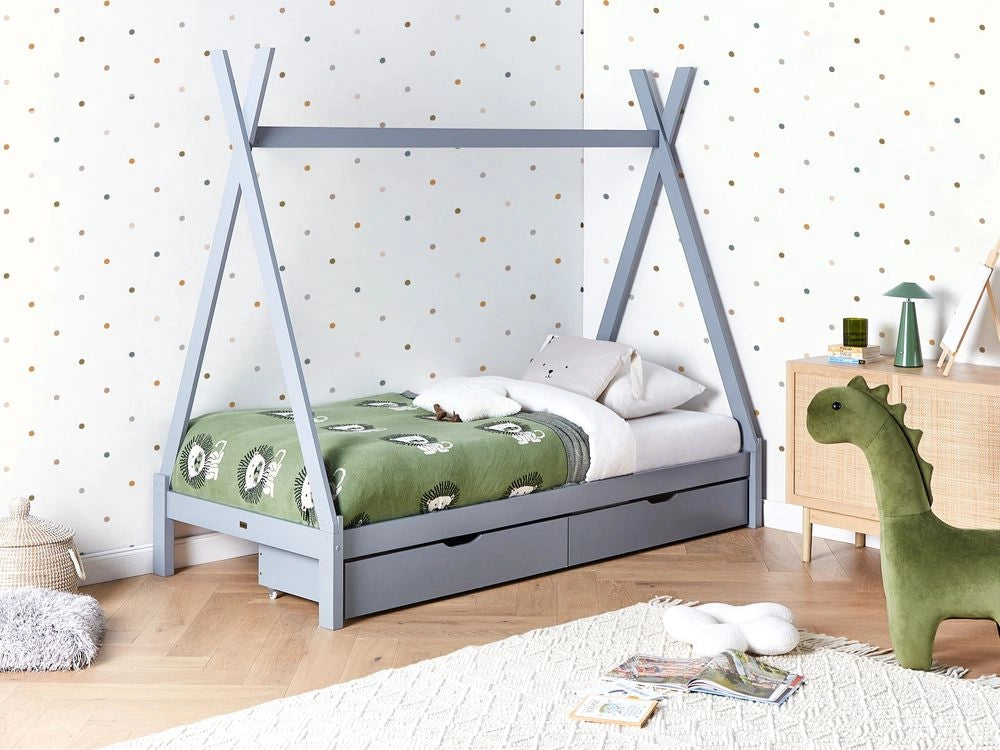 Letto a forma di tenda per bambini Struttura per letto singolo in pino grigio UE 90 x 200 cm con doghe e cassetti