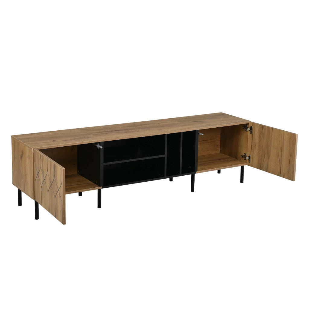 Mobile TV basso con 2 ante push-to-open, 4 vani a giorno, 180x40x50 cm, nero e legno naturale, per TV fino a 70''