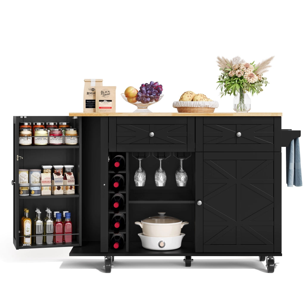 Isola cucina con piano ribaltabile, 1 porta, 2 cassetti, ruote bloccabili, nero, 120 x 45(70) x 89 cm