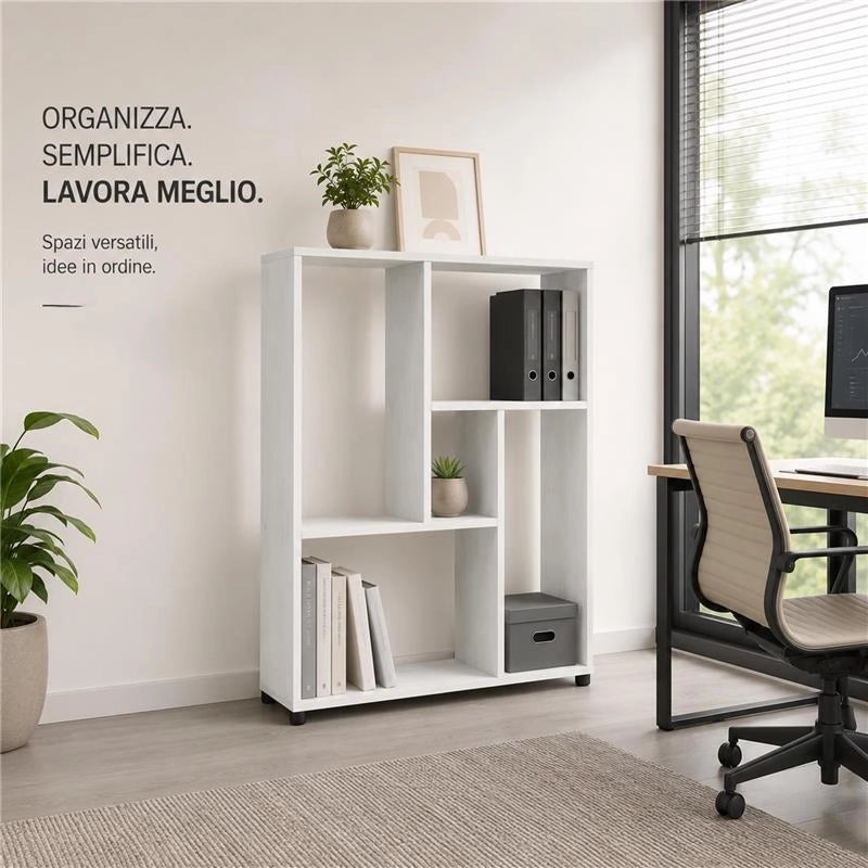 LIBRERIA IN LEGNO BIANCO MODERNA CON CINQUE RIPIANI SFALSATI DIMENSIONI  80X24X82,5 CM