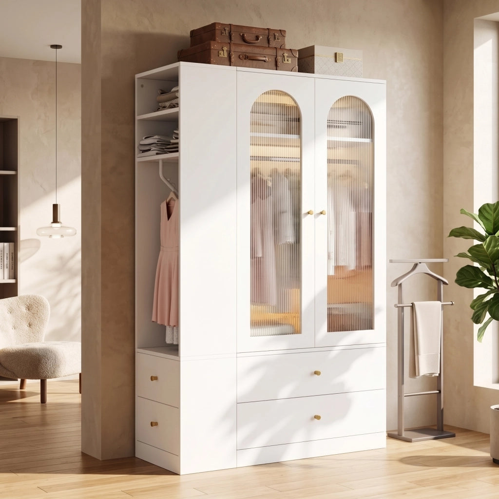 Armadio 120x50x200 cm con 4 cassetti e 2 ante in vetro MDF bianco