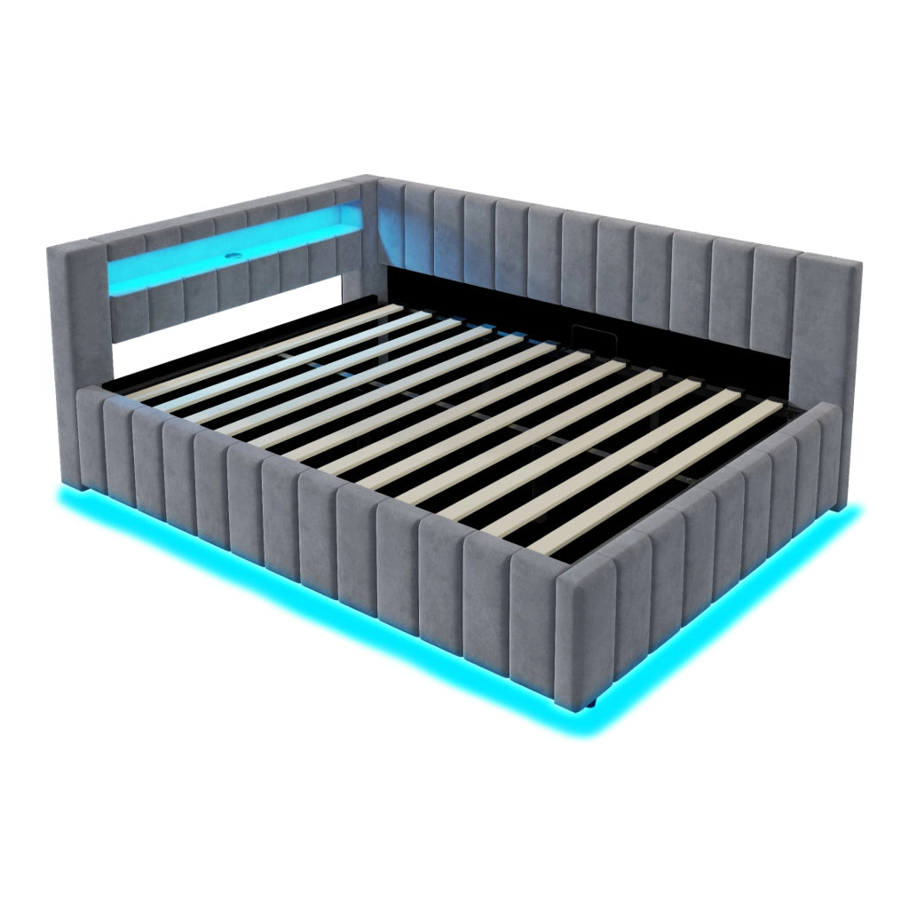 Letto imbottito 140x200 con contenitore idraulico; luce LED e USB; velluto grigio