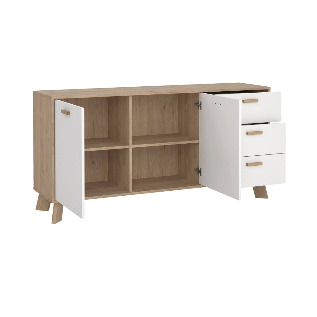 Credenza Pepito, Buffet da soggiorno, Madia da salotto, Dispensa da cucina, 147x39 h73 cm, Rovere e Bianco