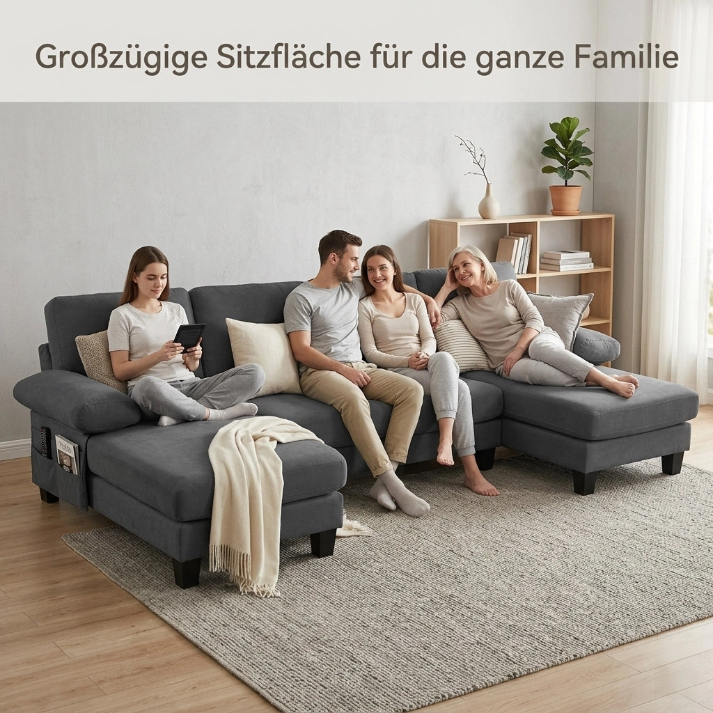 Divano con chaise-longue su entrambi i lati in chenille, tasche laterali, braccioli rimovibili con zip, grigio 268 × 128 × 84 cm