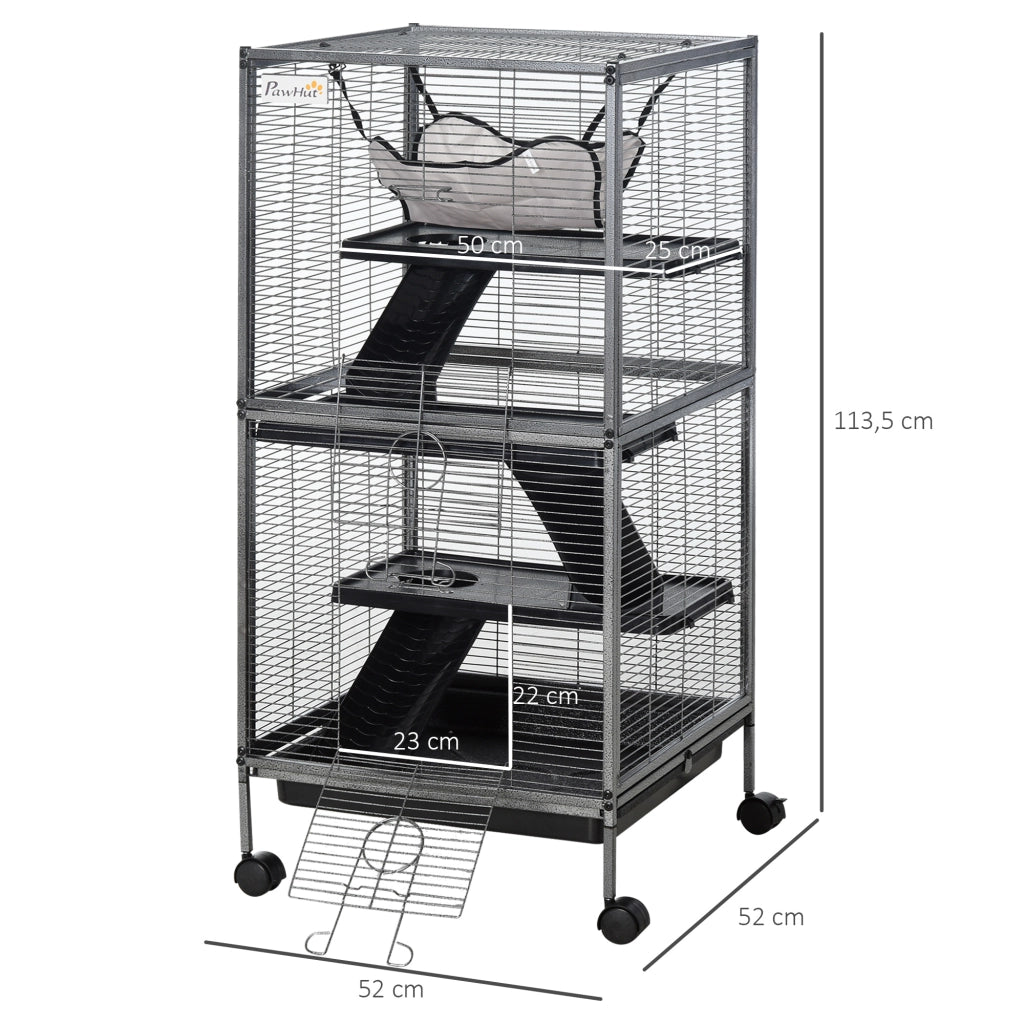 EasyComfort Gabbia per Piccoli Roditori in Acciaio, Gabbietta per Porcellini d'India e Cincillà con 3 Piani, 4 Ruote, Amaca e Vassoio Rimovibile, 52 x 52 x 113.5cm, Grigio Argento
