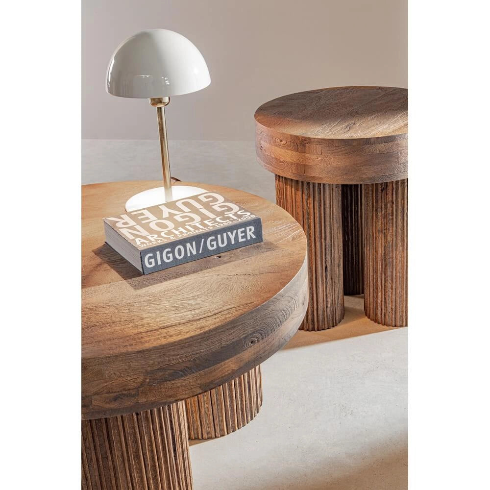 Tavolino rotondo in legno di mango naturale con base scanalata - JASPER