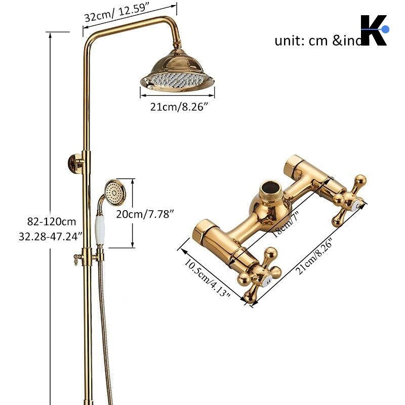 NALA | Set doccia a pioggia vintage in acciaio inossidabile lucido oro | Sistema doccia con rubinetto dal design retrò | Miscelatore doccia completo