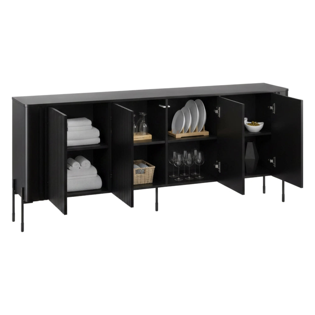Credenza Laion, Madia da salotto con quattro ante battenti, Rialzata da terra, 190x40 h80 cm, Nero