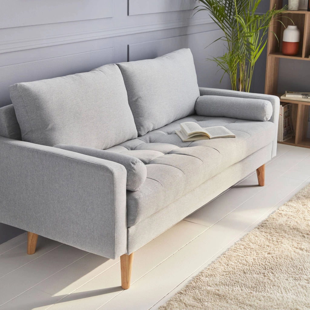 Divano in stile scandinavo in tessuto semplice, 3 posti, grigio chiaro