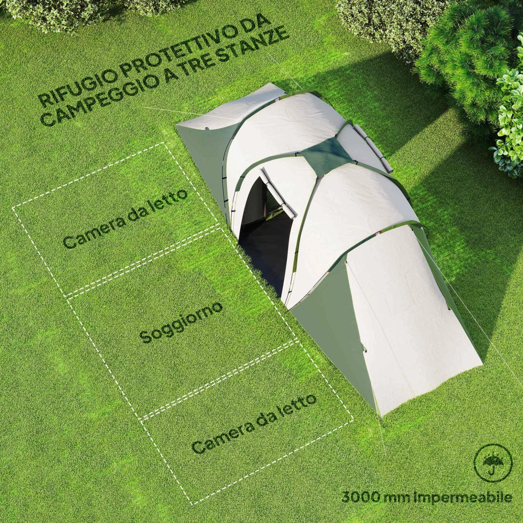 Tenda da Campeggio-Tenda per Escursionismo  4-6 Persone con 2 Camere, in Poliestere e Fibra di Vetro, 555x225x190 cm, Grigio e Verde