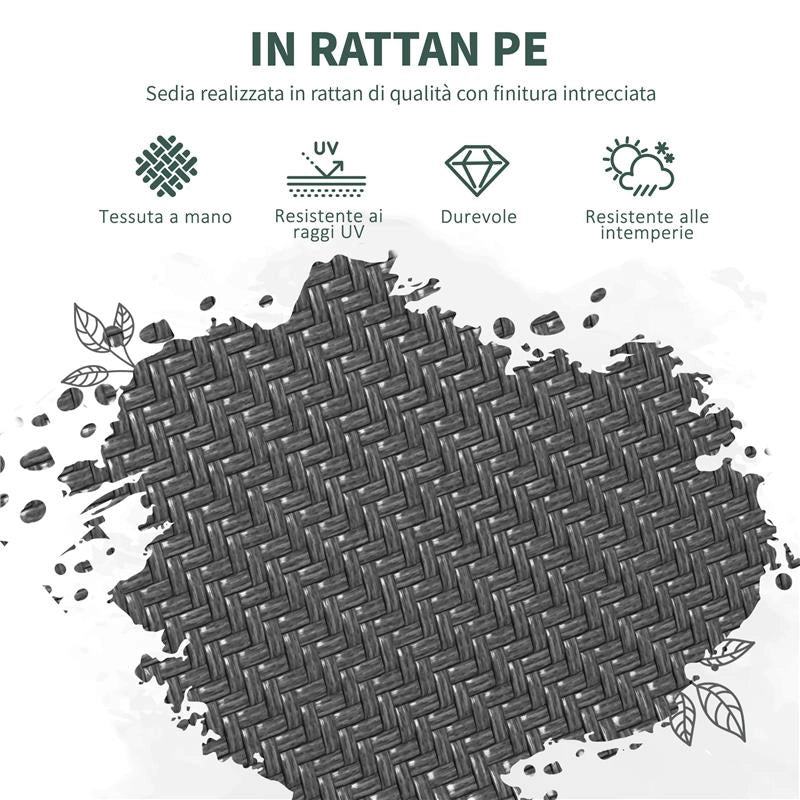 SET 4 SEDIE DA GIARDINO IMPILABILI CON BRACCIOLI IN RATTAN PE E ACCIAIO GRIGIO
